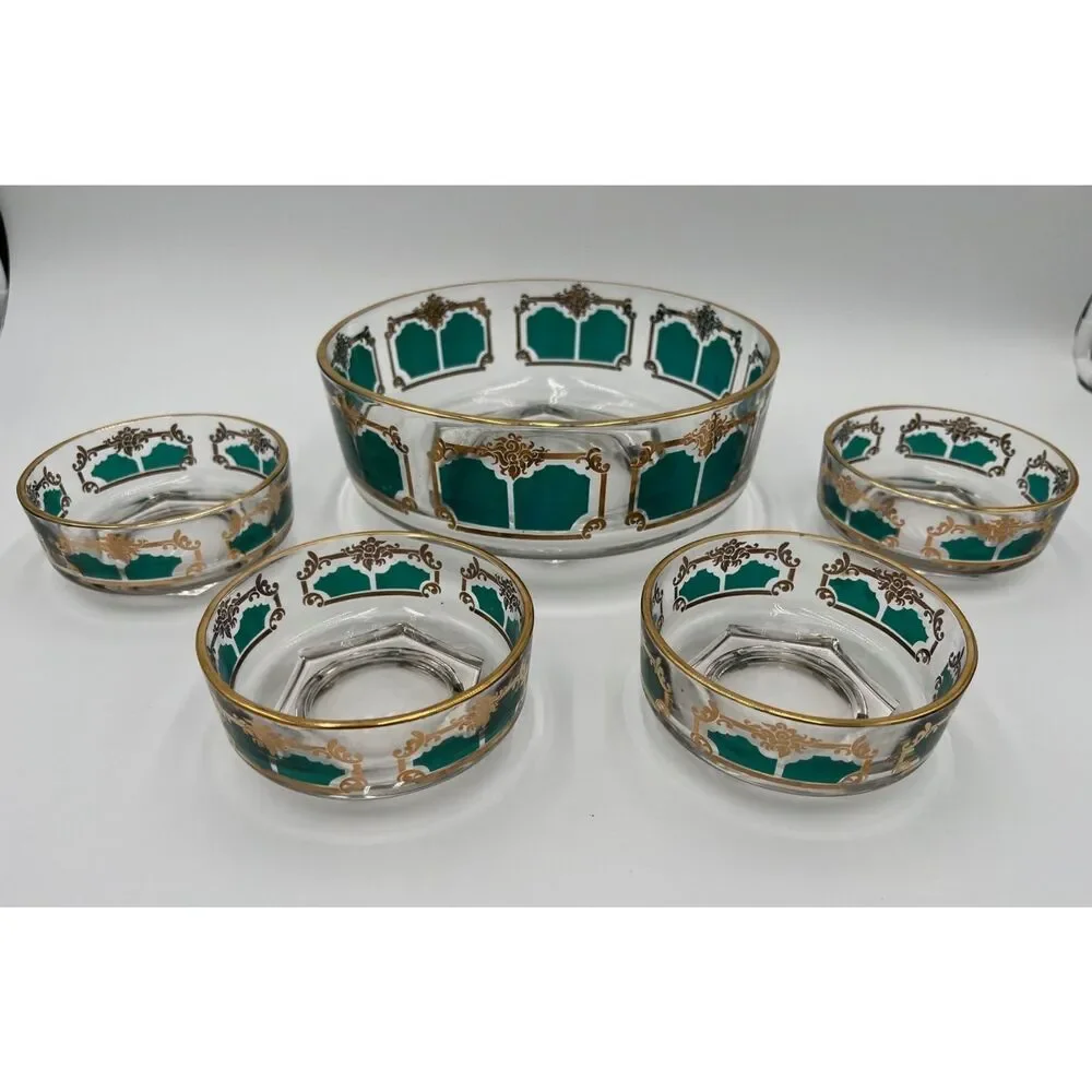 Vintage Jeanette Glass Chip and Dip Set 1960's Set of 5 Green and Gold MCM